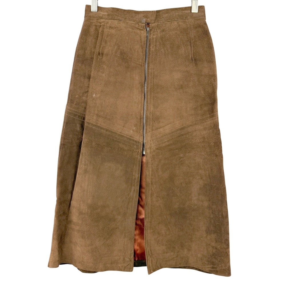Vintage 70s Suede Leather Midi Skirt Women 26 Brown Western Boho Paneled A-Line - Picture 2 of 11